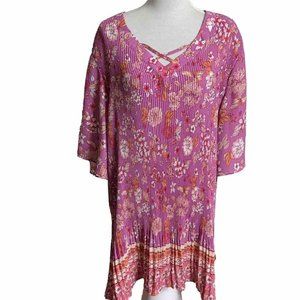 Avenue Floral Pink Fairfield Tunic Plus Sz 22/24 Pleated Flutter Sleeve Cottage
